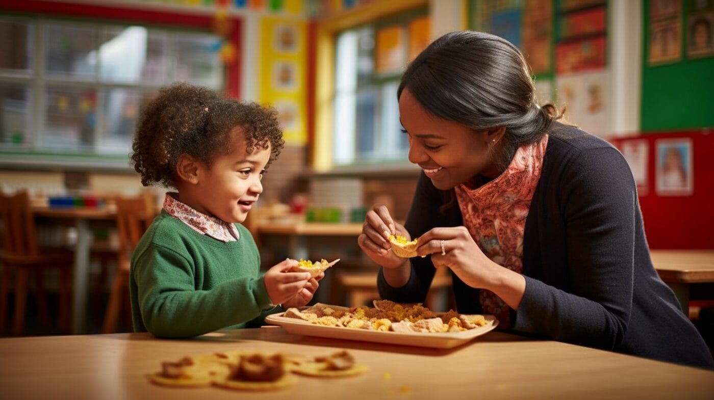 an early years teacher helping a child eat their crackers