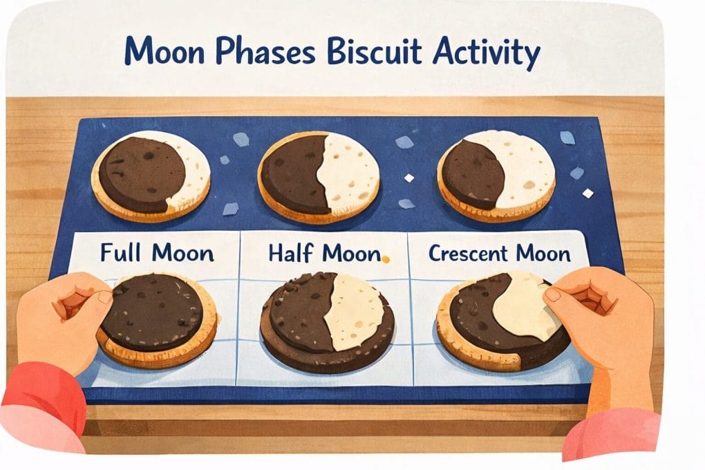 Moon phases biscuit activity showing full moon, half moon and crescent moon examples