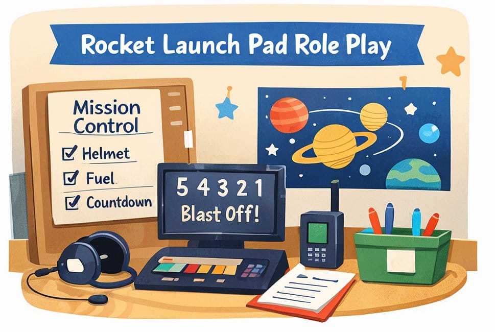 Rocket launch pad role play setup with mission control checklist and countdown