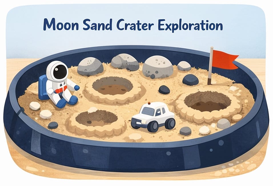 Moon sand crater exploration tuff tray activity with craters, toy astronaut and flag