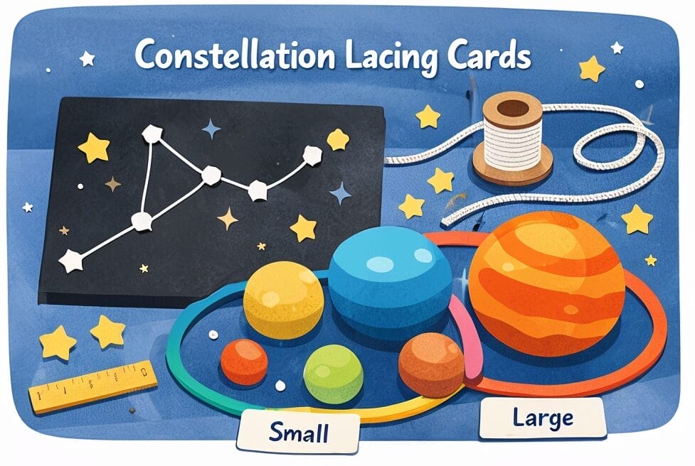 Constellation lacing cards activity with black card stars and laces for fine motor practice