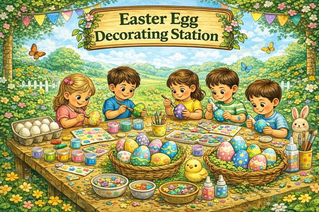 Children decorating Easter eggs with paints and stickers