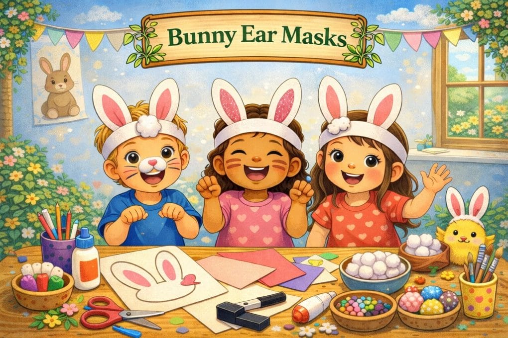 Children wearing handmade bunny ear masks