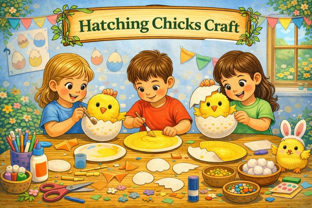 Paper plate chick hatching from egg craft