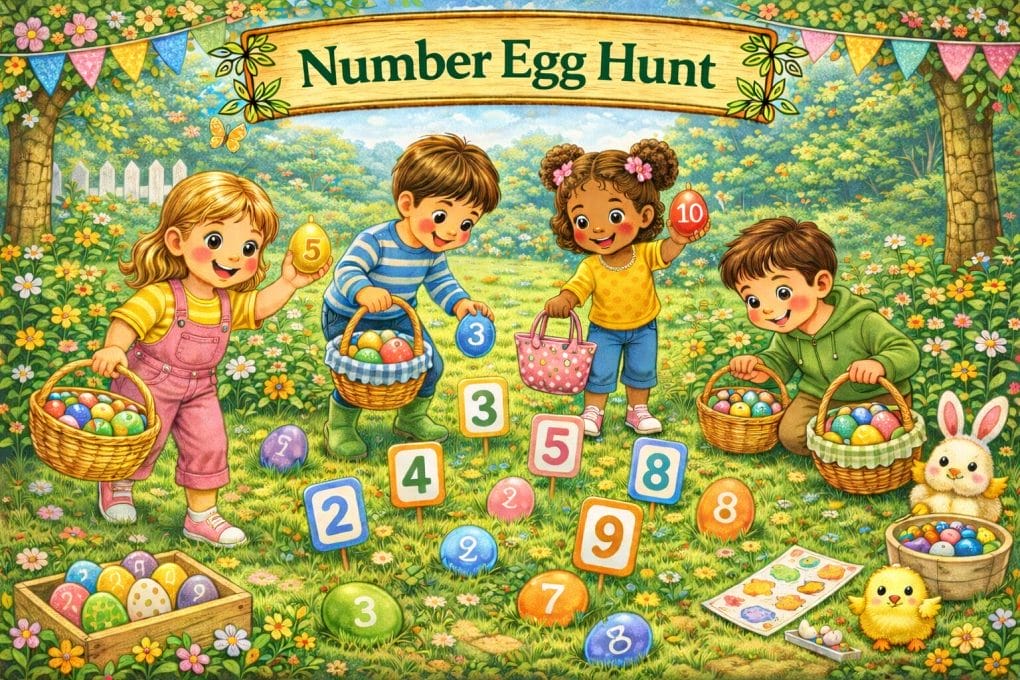 Children searching for Easter eggs in garden