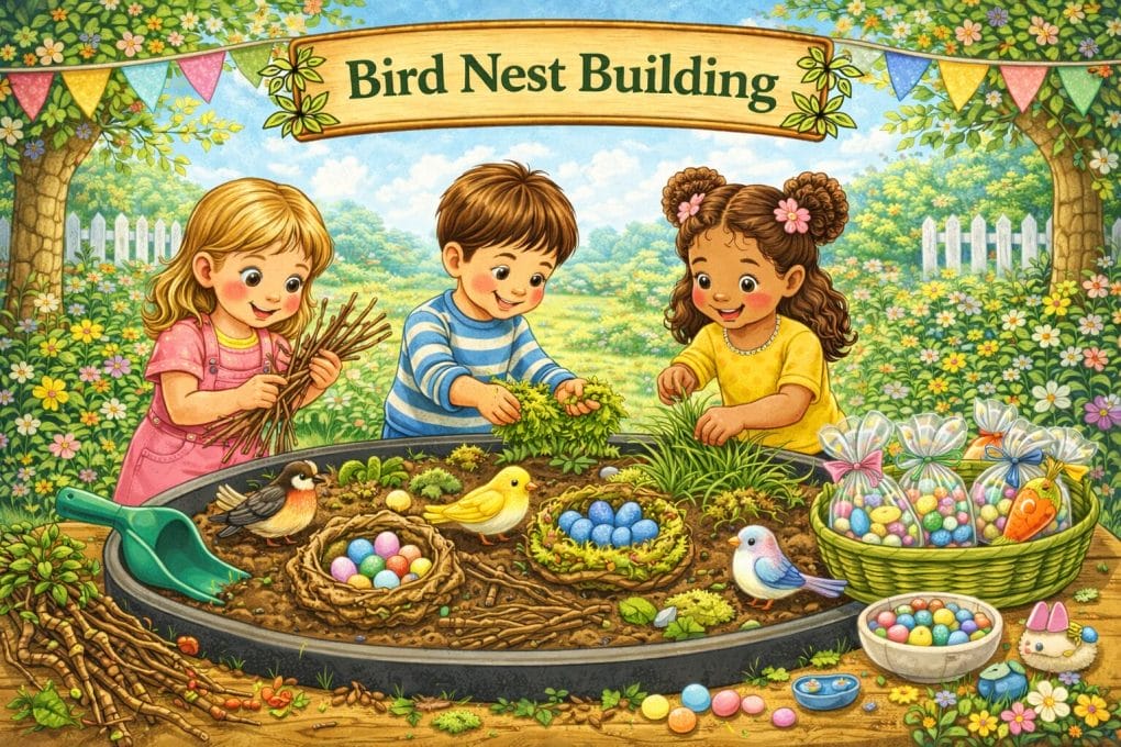 Children making bird nests from natural materials